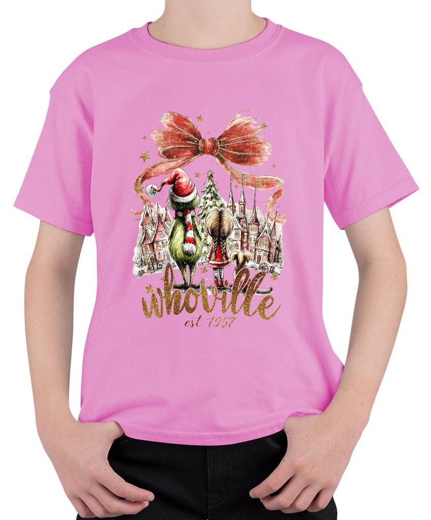 Whoville Grinch Weihnachten Geschenk Nostalgie Xmas Geschenkidee Uni Kinder T-Shirt, Pink, 128