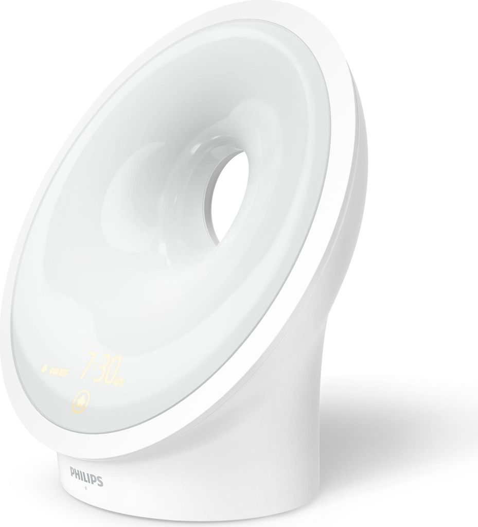 A white Philips wake-up light alarm clock is shown against a white background.