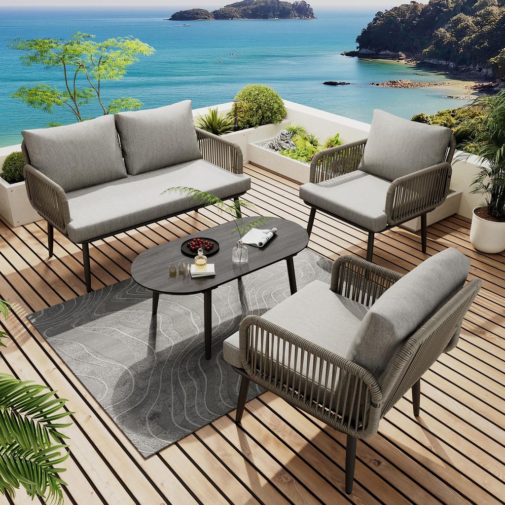Garten-Loungestuhl-Set,mit bequemen Kissen, 2-Sitzer-Sofa, 2 Sessel und Couchtisch, handgeflochtenes Seil, Glasplatte in Holzmaserung-Stil, grau