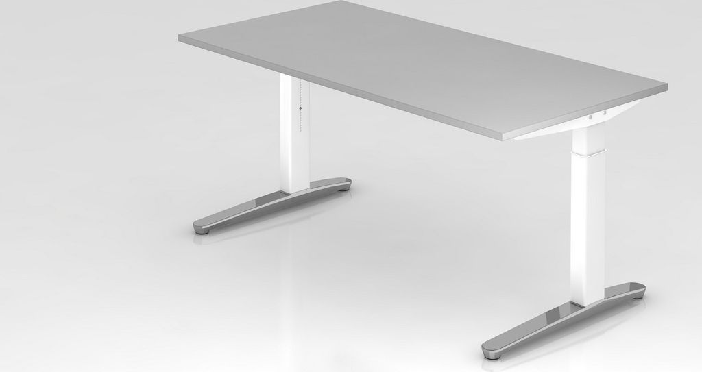 Schreibtisch Mika | Grau | Weißes Gestell poliert | BxT 160x80cm | Arbeitshöhe 65-85cm | höhenjustierbar, 1cm Raster | C-Fuß-Gestell | Rechteck...