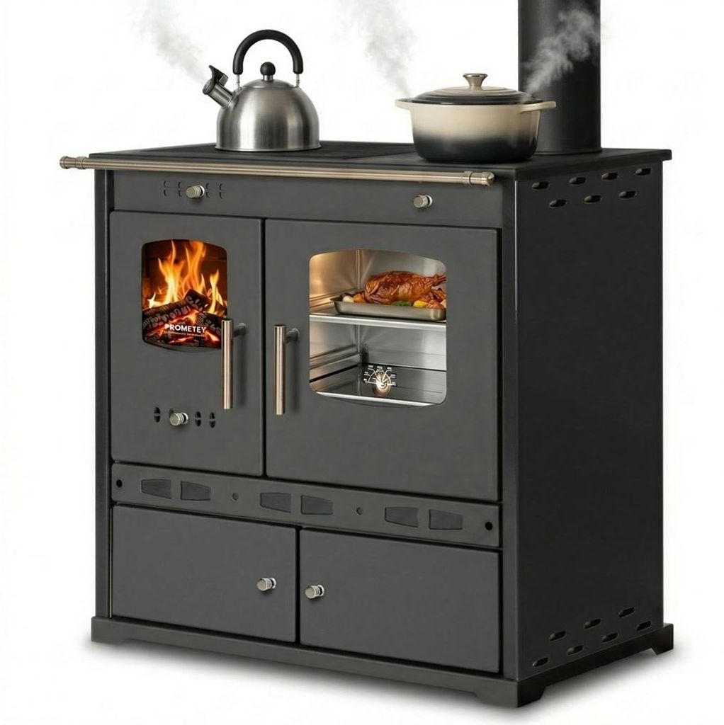 Küchenofen Holzherd ECO LUX INOX, Edelstahlbackfach, schwarz, rechte Version