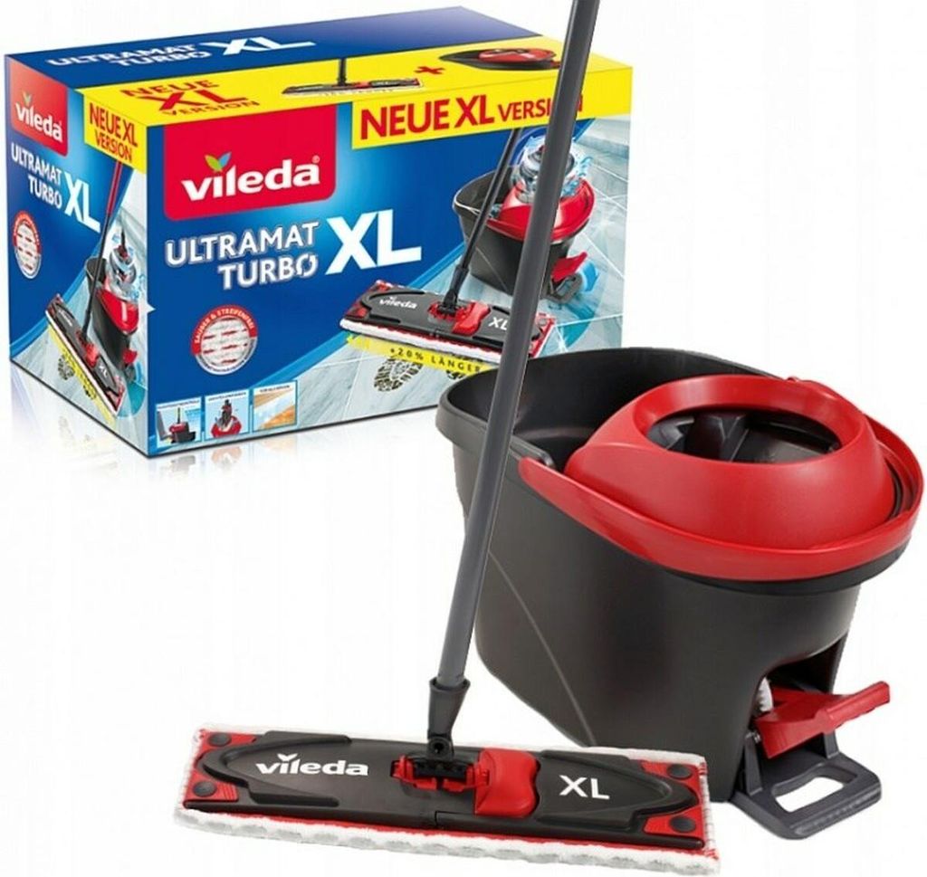 A Vileda Ultramat Turbo XL mop and bucket set, with its packaging in the background.