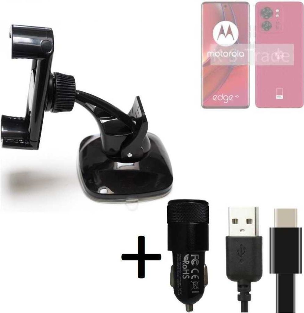 K-S-Trade Handy-Halterung kompatibel mit Motorola Edge 40 Windschutzscheibe / Armaturenbrett + LADEGERÄT mit Mico USB Kabel Autohalterung
