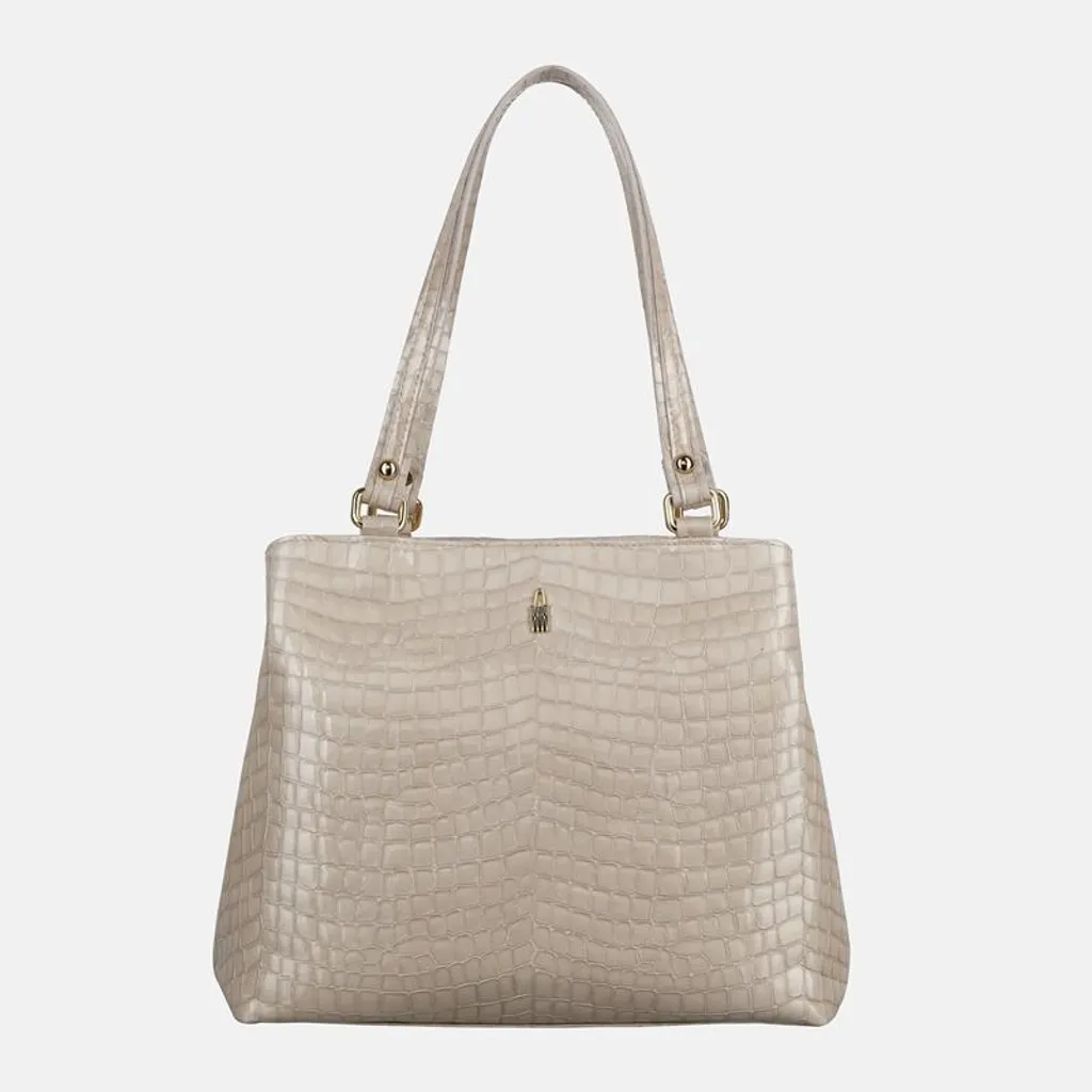Sac à main porté main en cuir verni aspect crocodile beige de luxe