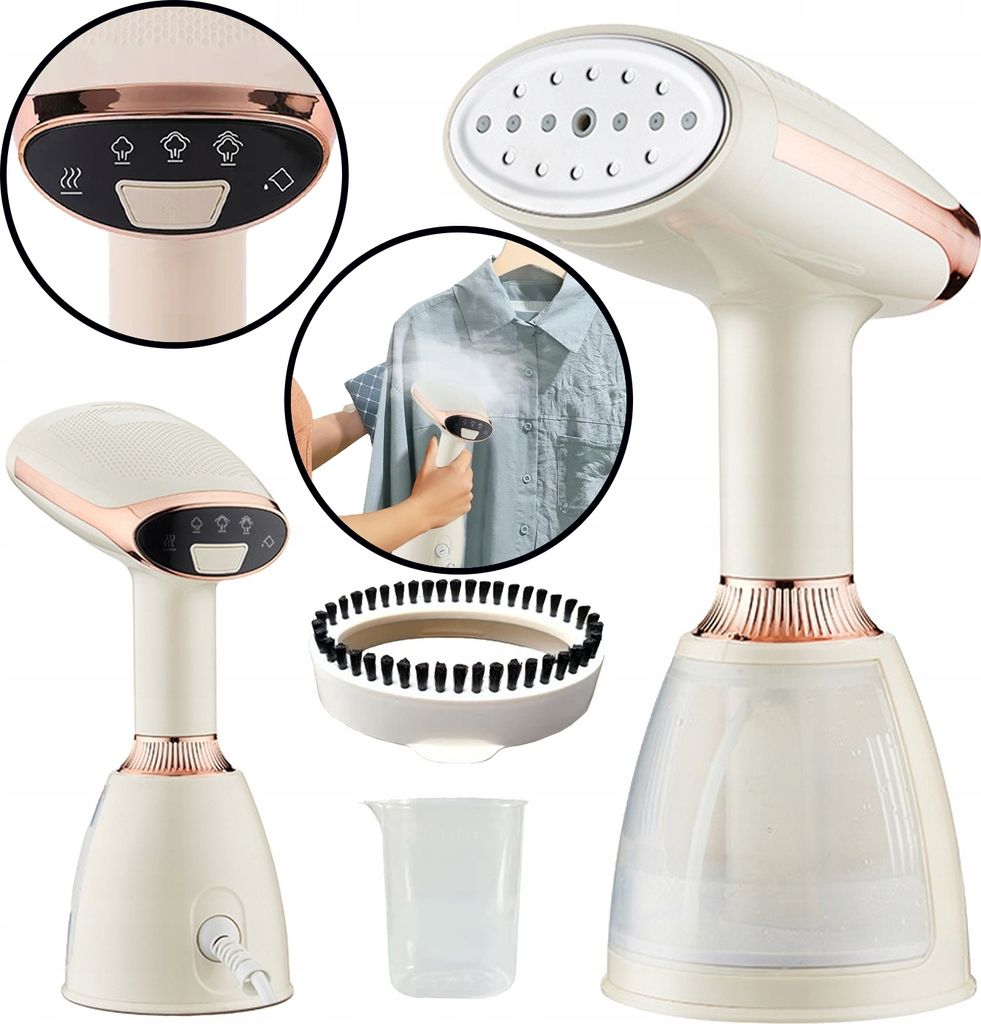 A collage of images showing a handheld garment steamer and its accessories, with one image demonstrating its use on a shirt.