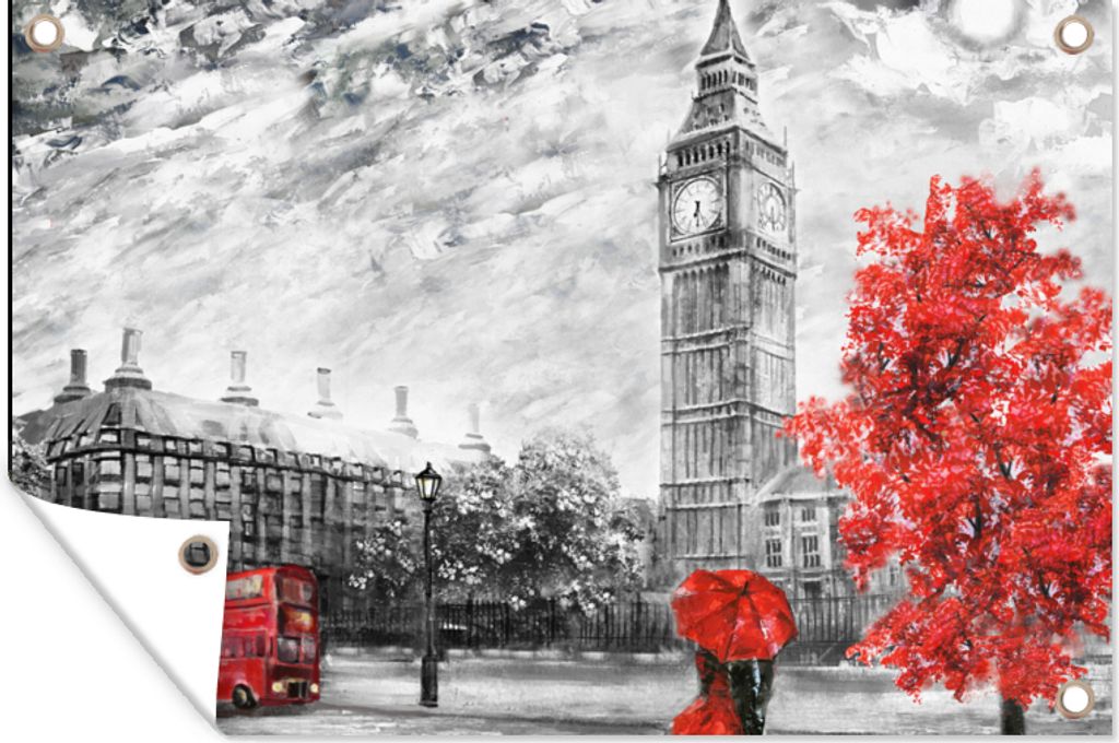 MuchoWow 120x80 cm Outdoor-Poster Gartendeko Sichtschutz Garten Poster für den Garten Gemälde - Big Ben - Rot - Regenschirm