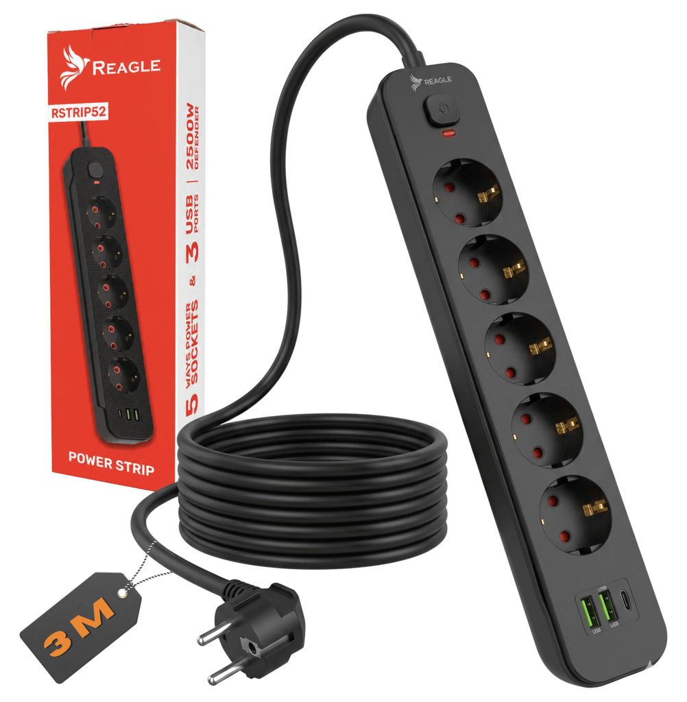 Reagle Multiprise 3m 5 prises & 3 USB (1x USB-C), bloc Image du produit 
