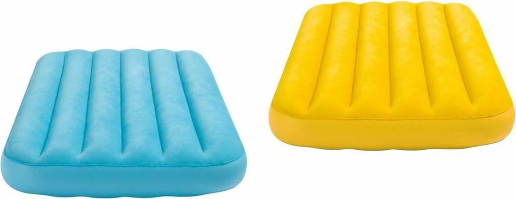 Two inflatable mattresses, one blue and one yellow, are shown side-by-side against a white background.