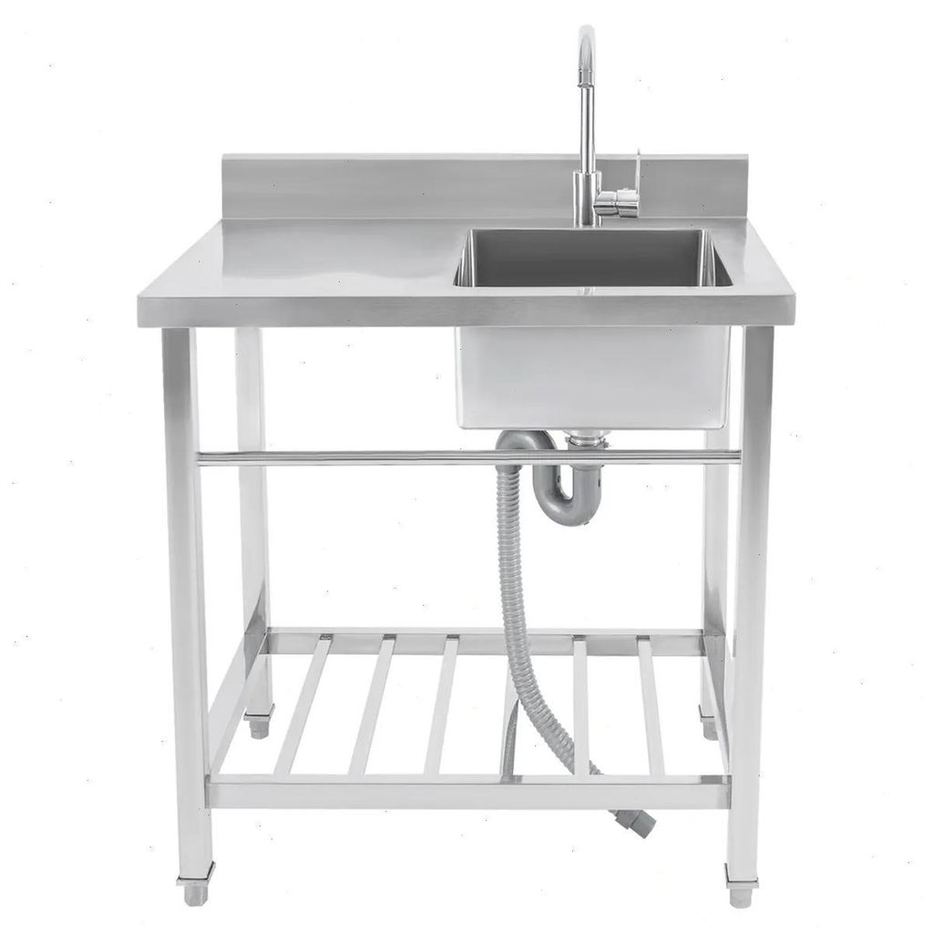 Gastro-Spüle - Einzelbecken - Rechter Ablauf - Bodenablage & Vierkantbeine - Mit Wasserhahn - 201 Edelstahl - Tragkraft 100 kg - Silber