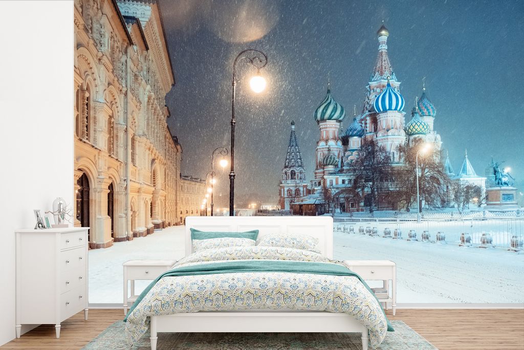 MuchoWow Fototapete für Wohnzimmer oder Schlafzimmer Wandtapete Vinyl Motivtapete Schneesturm in Moskau - 450x300 cm - Gemusterte