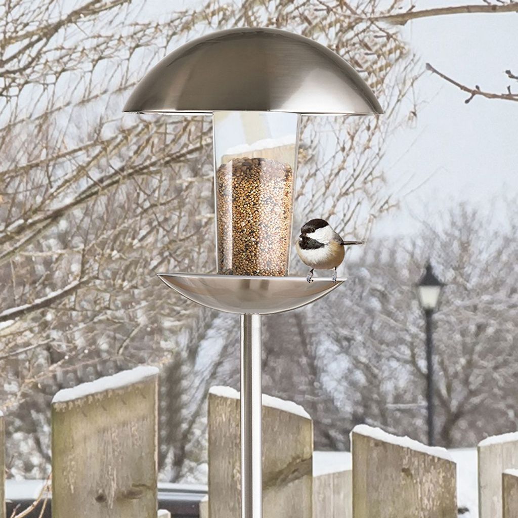 MeLiTec Vogelfutter-Haus VH04, Vogelhäuschen rund, Edelstahl matt gebürstet, wetterfestes Vogelhaus, stehende Futterstation für Wildvögel