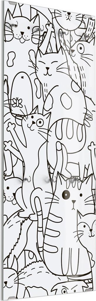 DEQORI Kleiderhaken aus Glas 50x125 cm 'Comic-Katzen' Wand Garderobe Paneel Haken modern