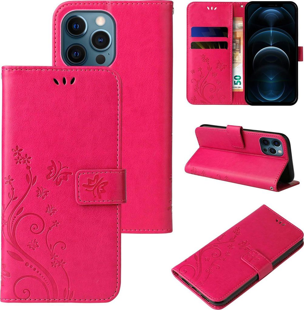Handyhülle für Apple iPhone 12 Pro Max Floral Blumen Schmetterling Flip Cover Hülle Case Klapphülle Handytasche Farbe: Pink