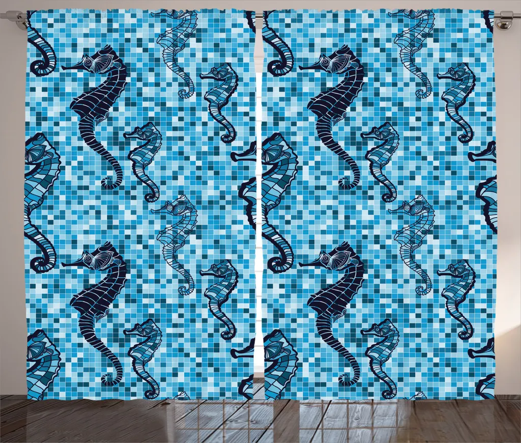 Rideau Rustique à Boucles et Crochets Motif Mosaïque Océan Bleu 280x225cm