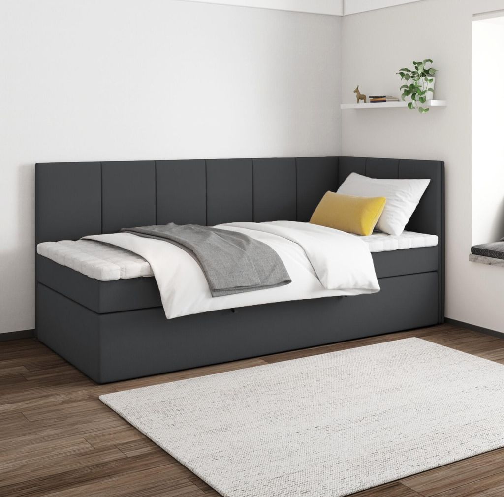 Boxspringbett MILA 100x200 cm, T25 Topper, Kinderbett, Jugendbett, Einzelbetten, Bett, Stauraum Polsterbett, Matratze H3, LINKS (Schwarz - Itaka 15)
