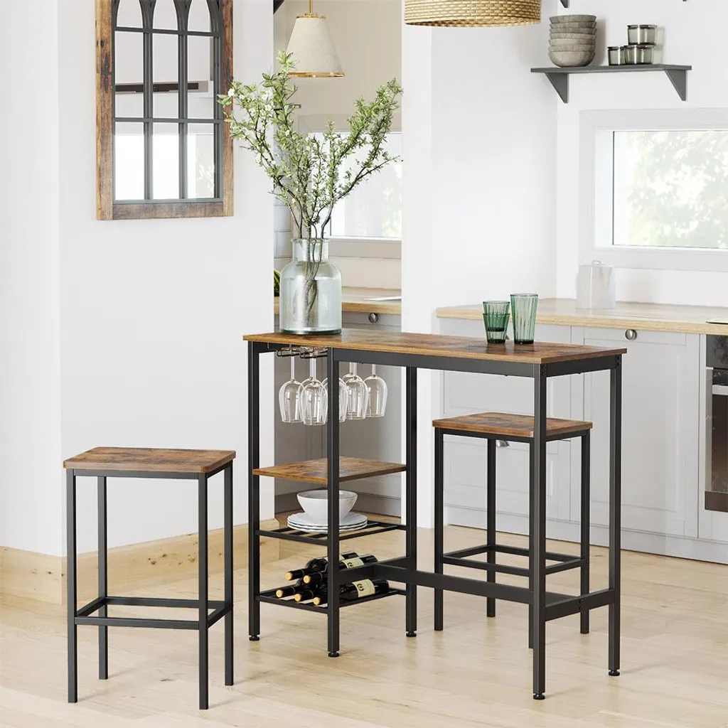 Table haute de bar avec supports métalliques et plateau bois chêne clair