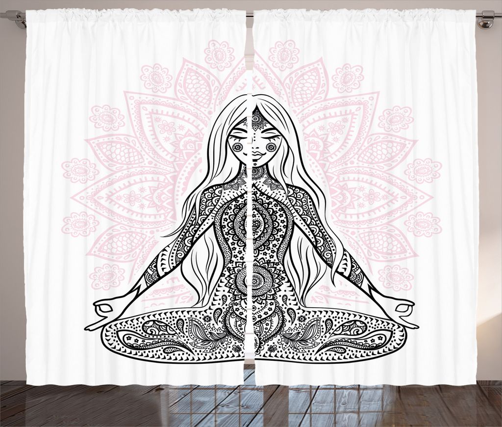 ABAKUHAUS Yoga Rustikaler Vorhang, Meditation Lotus Mandala, Wohnzimmer Universalband Gardinen mit Schlaufen und Haken, 280 x 245 cm, Schwarz Rosa