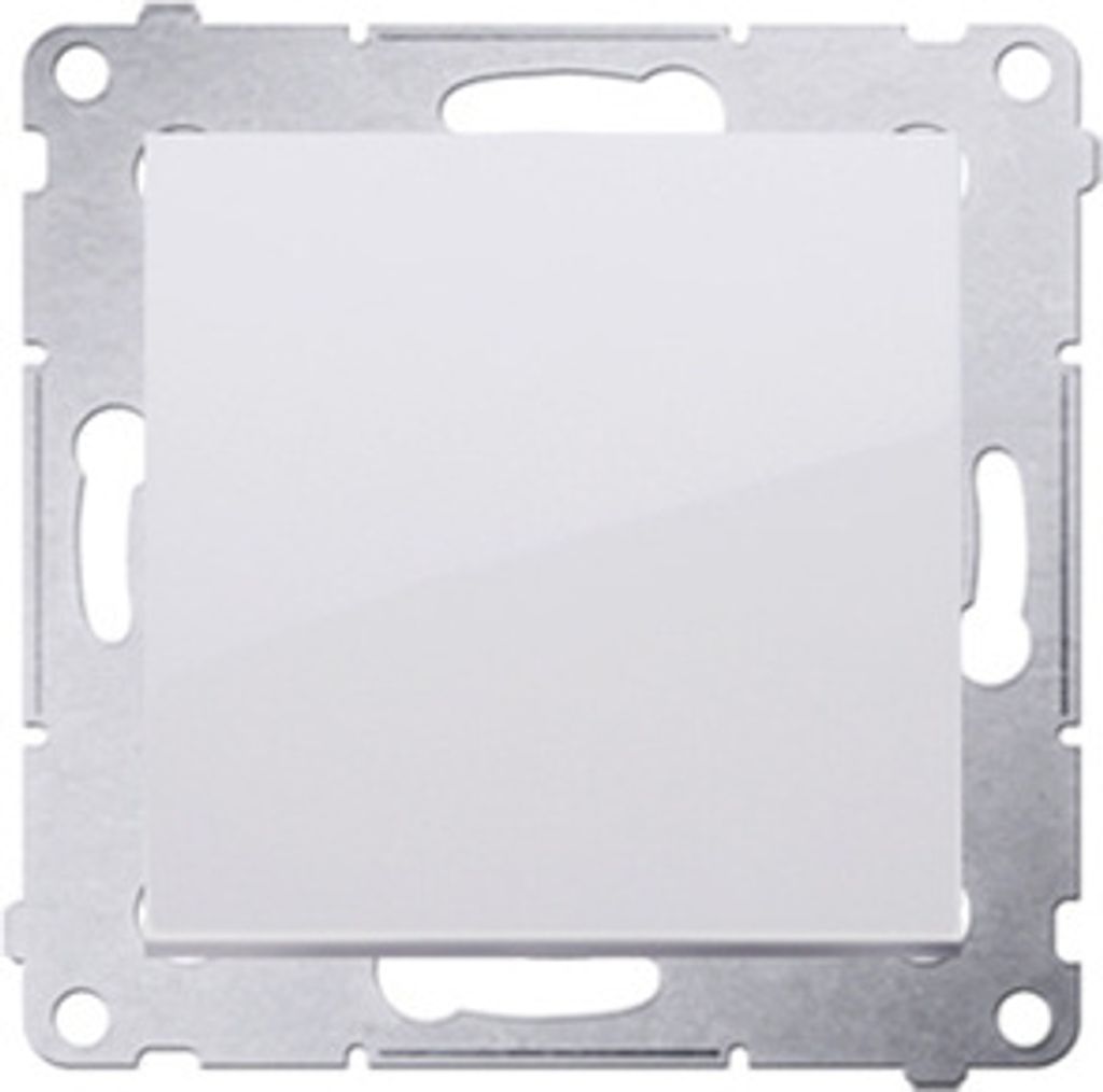 A close-up studio shot of a white light switch cover plate with a metal mounting frame.