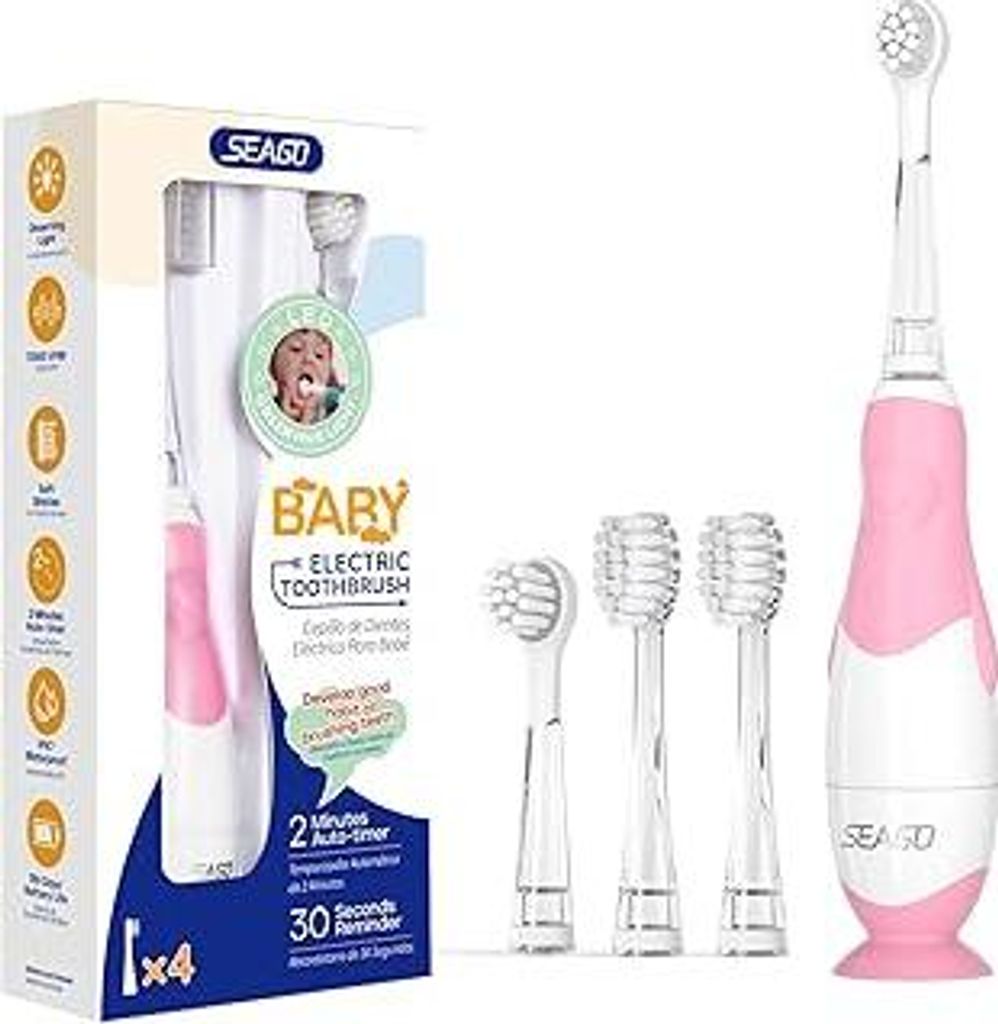 Seago Elektrische Zahnbürste Kinder ab 0-3 Jahr mit LED Licht, Weichen BPA-freiem Runder Gummierte Bürstenkopf, 2 Minuten Smart Timer, Wasserdich...
