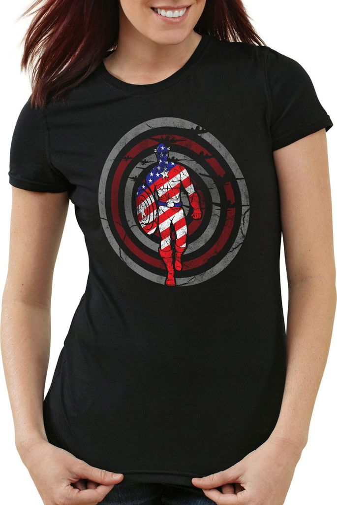 style3 Captain USA Damen T-Shirt, Farbe:Schwarz, Größe:XS
