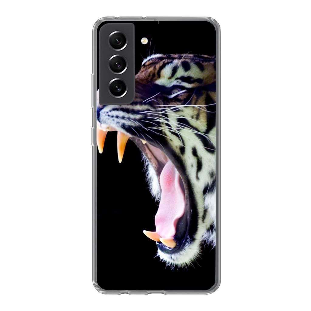 MuchoWow Handyhülle Schutzhülle Hülle für Samsung Galaxy S21 FE Brüllender Tiger auf schwarzem Hintergrund Silikon Softcase Handy Hülle