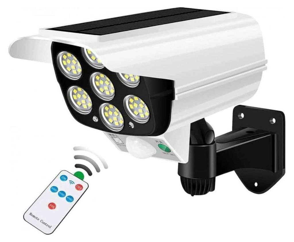Weiße Solar-Sicherheitsleuchte mit sechs LED-Lampen und einem schwarzen Solarpanel oben, gezeigt mit ihrer weißen Fernbedienung