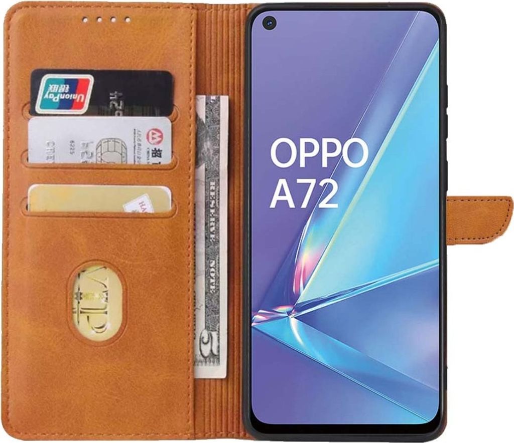 Geschikt voor Oppo A72 Telefoonhoesje Kunstleer met Magnetisch lipje en Pasjeshouder Book Case met Klepje - Bruin - Smartphonica