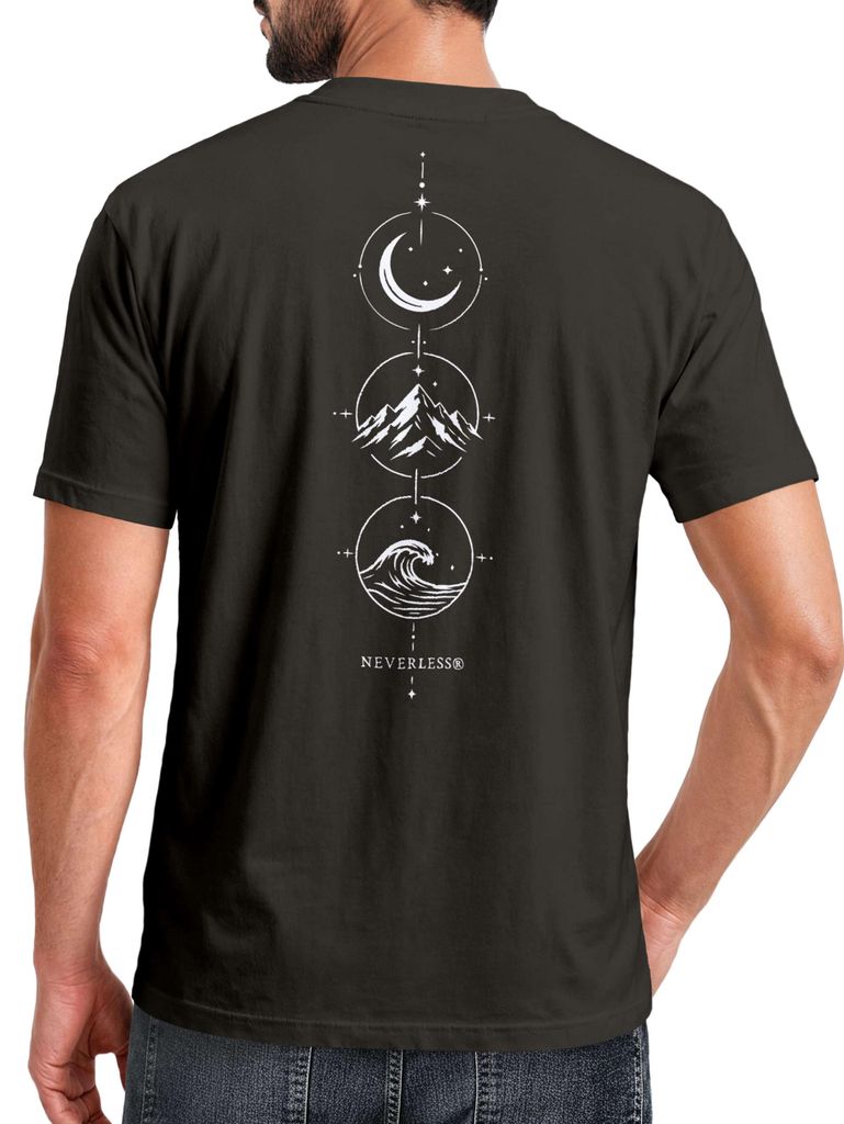 Herren T-Shirt Backprint - Berg Mond Welle - Baumwollshirt Männer Fashion Streetstyle Slim Fit Neverless