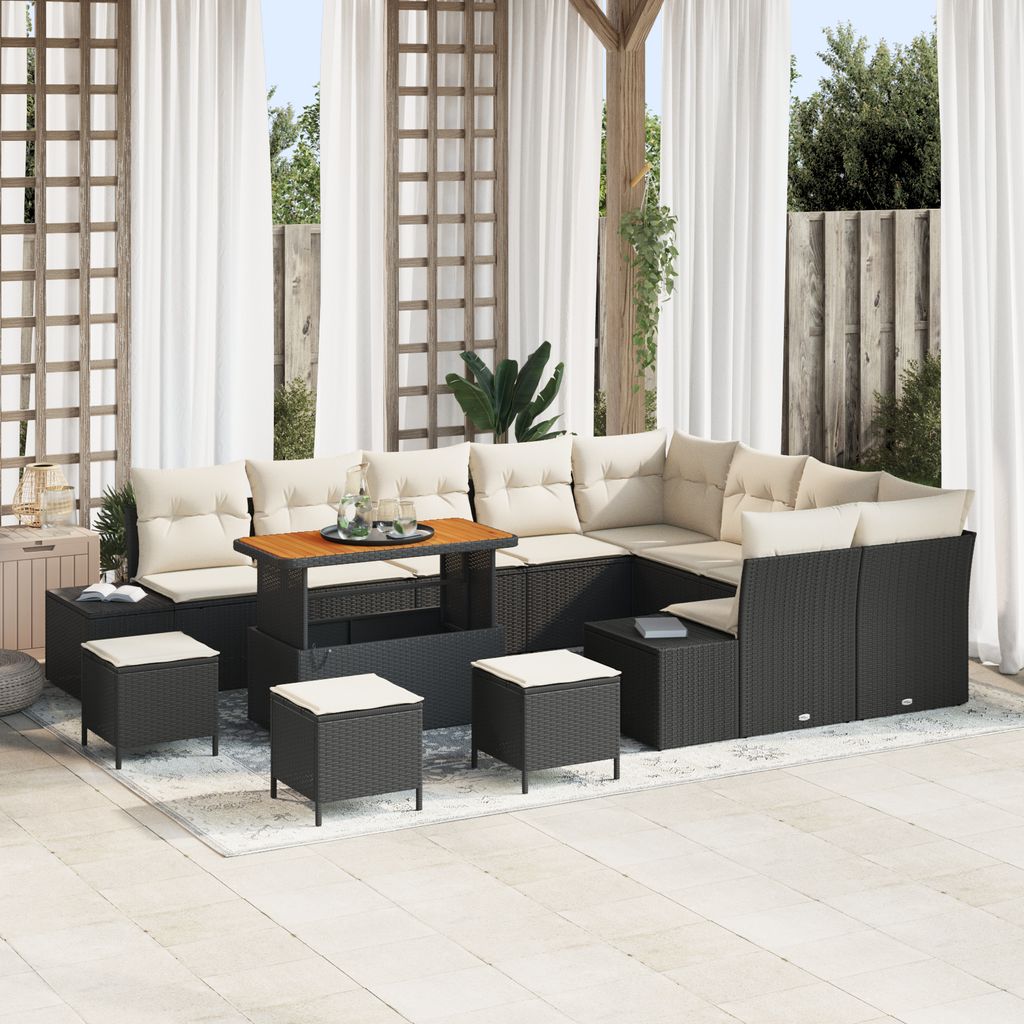 Desgin 13-teiliges Garten Sofa Set mit Kissen Schwarz Poly Rattan Akazienholz - Gartensofas 3362830