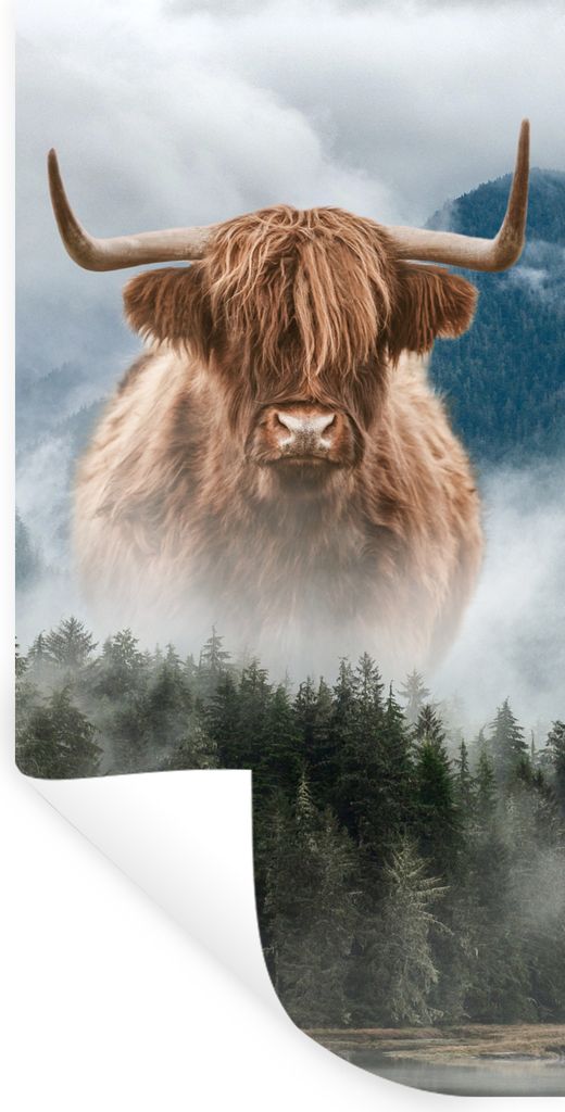 MuchoWow Wandtattoo Wandsticker Wandaufkleber Schottische Highlander - Kühe - Nebel 80x160 cm Selbstklebend und Repositionierbar - Sticker - Dek...