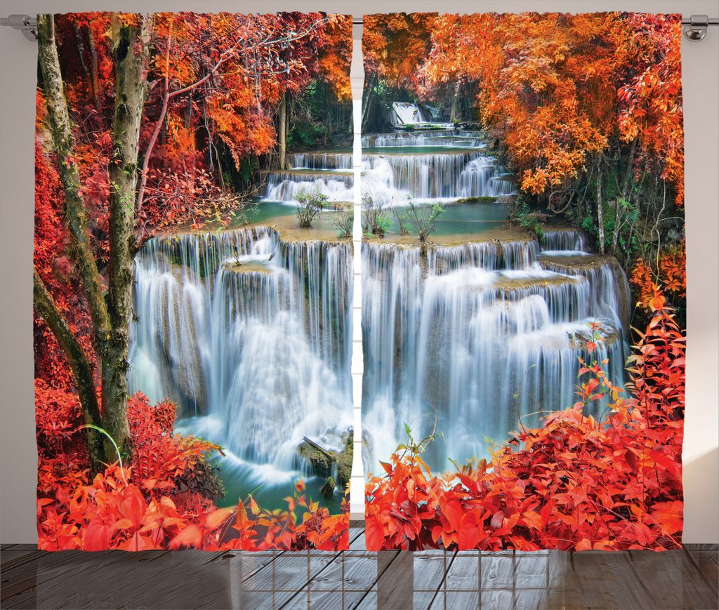 ABAKUHAUS Landschaft Rustikaler Gardine, Botanischer Herbstwald, Schlafzimmer Kräuselband Vorhang mit Schlaufen und Haken, 280 x 225 cm, Orange We...