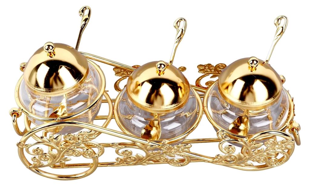 Zuckerdose mit Deckel und Löffel, 3-teiliges Set, goldener Zuckerbehälter für Küche, Café, Bar und Hochzeitsfeier, poliertes Glas, Gewürzglas...
