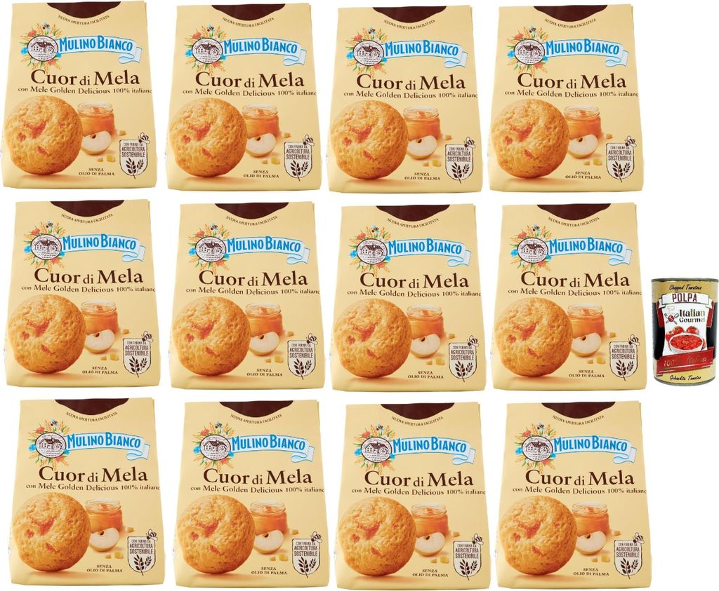Mulino Bianco Cuor di Mela Biscotti con Mele 100% Italiane, Kekse mit 100% italienischen Äpfeln, cookies biscuits 12x 300 g + Italian Gourmet polp...
