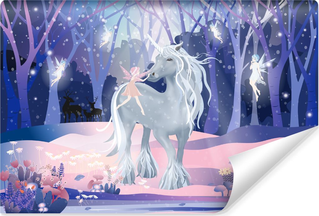 Muralo Selbstklebende Fototapete für Kinder EINHORN Feen Bäume Blumen Wald Br. 254cm x Hö. 184cm