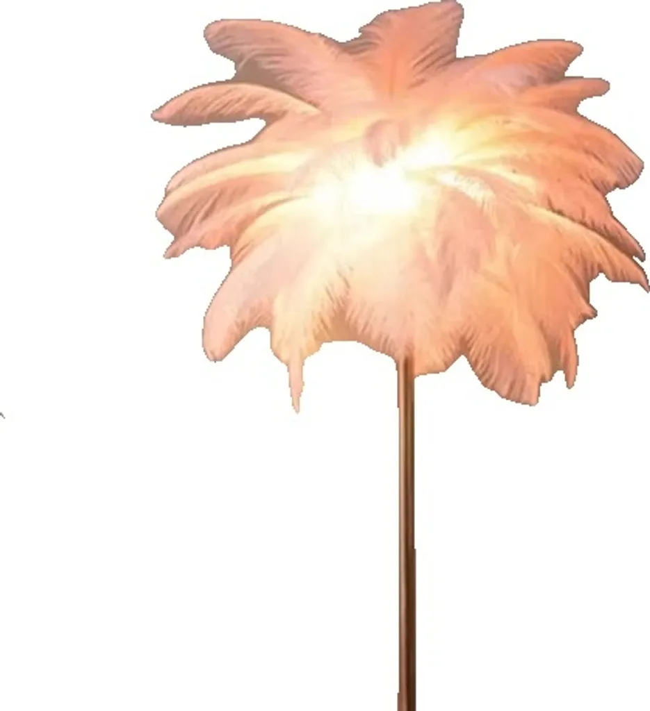 Lampadaire réglable plumes base rose et or, éclairage tamisé pour salon