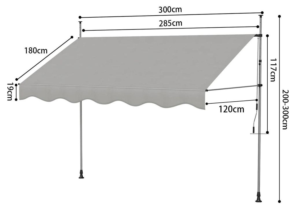 Ausziehbare Seitenmarkise 300 cm - Balkon Sichtschutz - Manuell - Höhenverstellbar - Wind- und Sichtschutz - Für Balkon, Terrasse, Garten - Grau