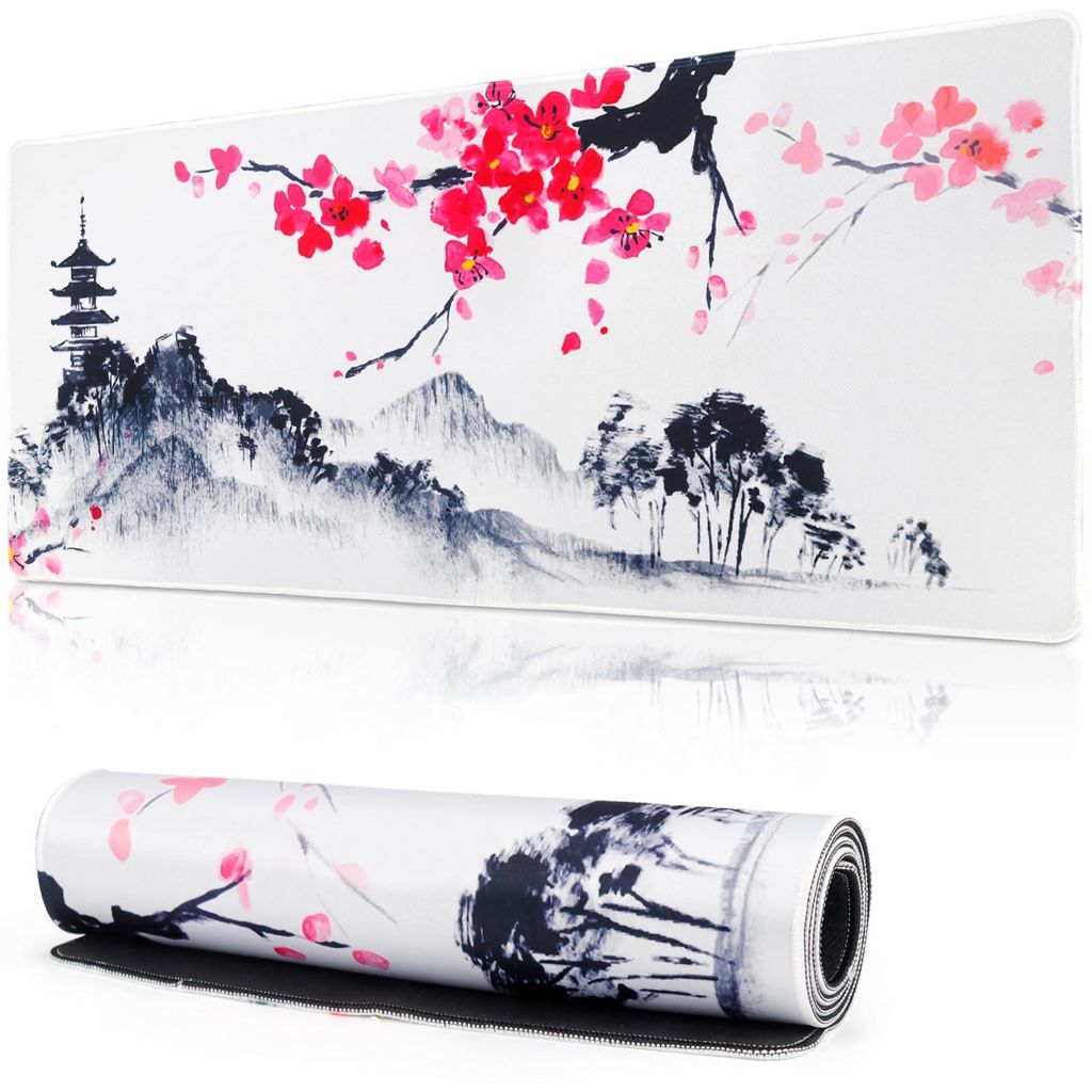 Gaming-Mauspad XXL 900 x 400 mm großes weißes Schreibtisch-Mauspad mit japanischem Sakura-Motiv für PC, Büro, Schreibtisch, Laptop (Stil 1)