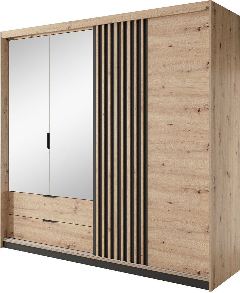 Kleiderschrank 220 TALLY A mit Spiegiel + Schubladen + Lamellen eiche artisan /anthrazit