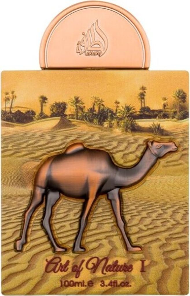 A perfume bottle with a desert scene and a camel depicted on the packaging.