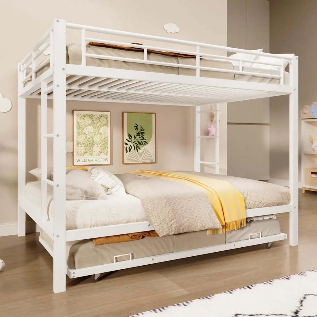 Lit superposé gain de place 140x200 cm avec lit d'appoint gigogne blanc