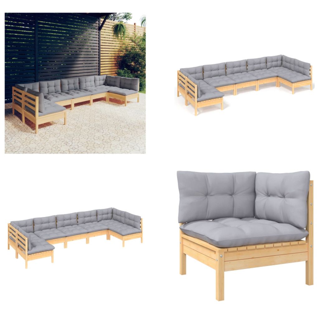 vidaXL 7 tlg. Garten Lounge Set mit Grauen Kissen Kiefer Massivholz - Garten-Lounge-Set - Garten-Lounge-Sets - Gartenmöbel-Set - Gartenmöbel-Sets