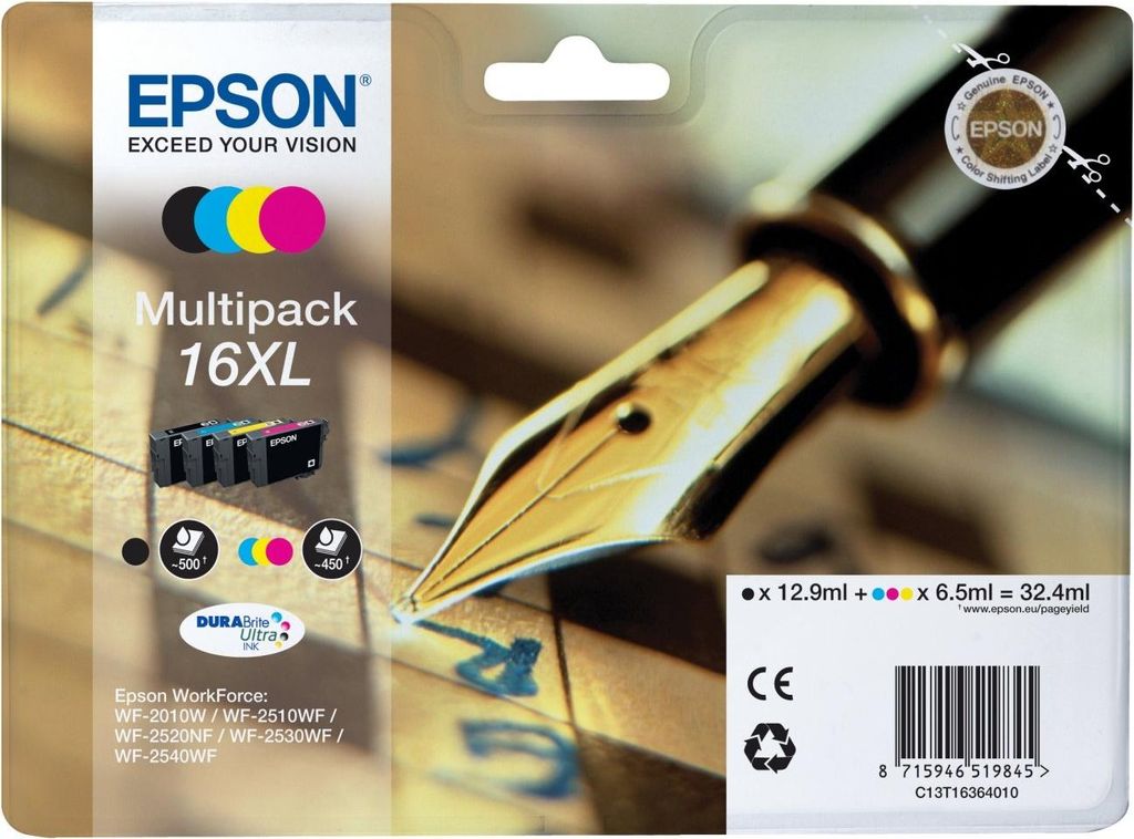 The image shows the packaging of an Epson 16XL multipack of printer ink cartridges, with a close-up of a fountain pen nib in the background.