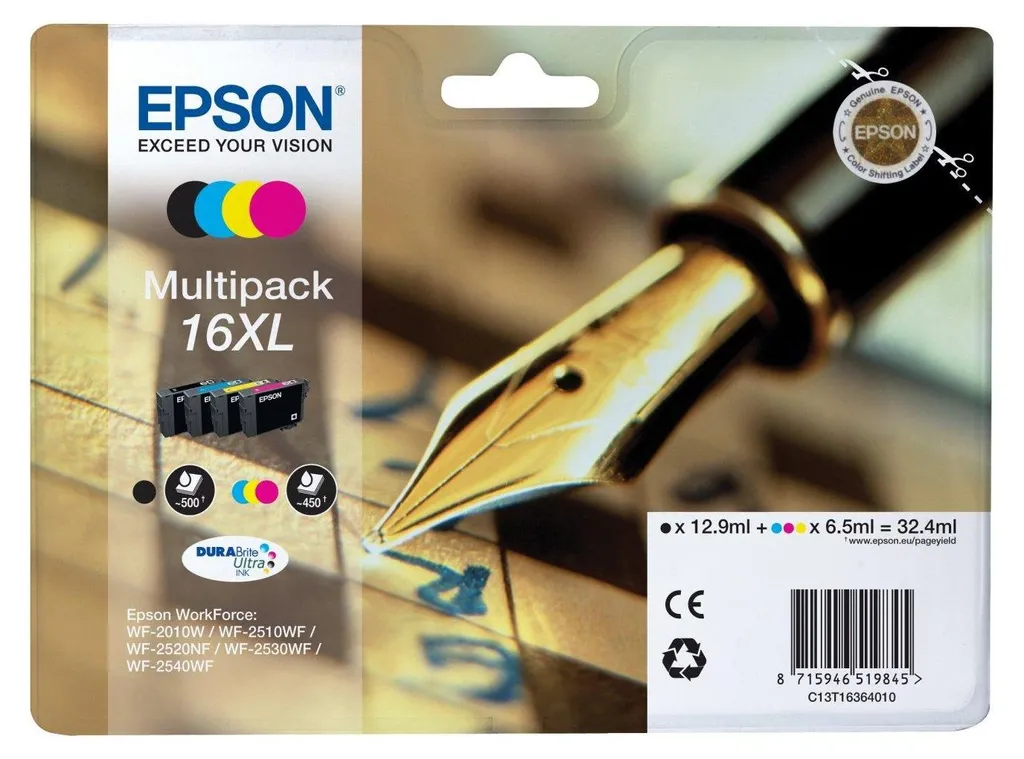 Encre Epson 16XL T1636 Multipack 4 Couleurs Anti-Bavure Longue Durée