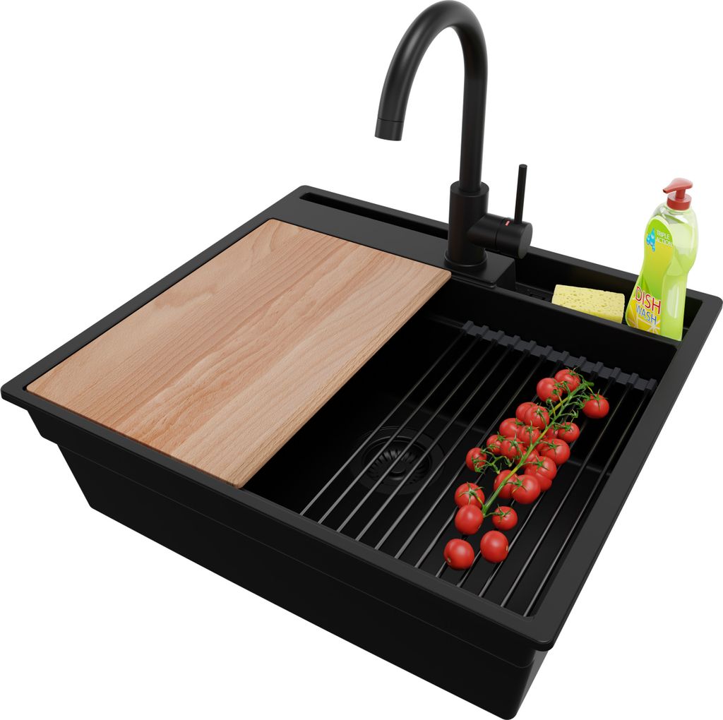 PRIMAGRAN Granitspüle Alles Schwarz 58x53cm, Spülbecken 1 Becken + Ablauf-Set + Küchenzubehörset, Küchenspüle ab 60er Unterschrank - Oslo Pocket