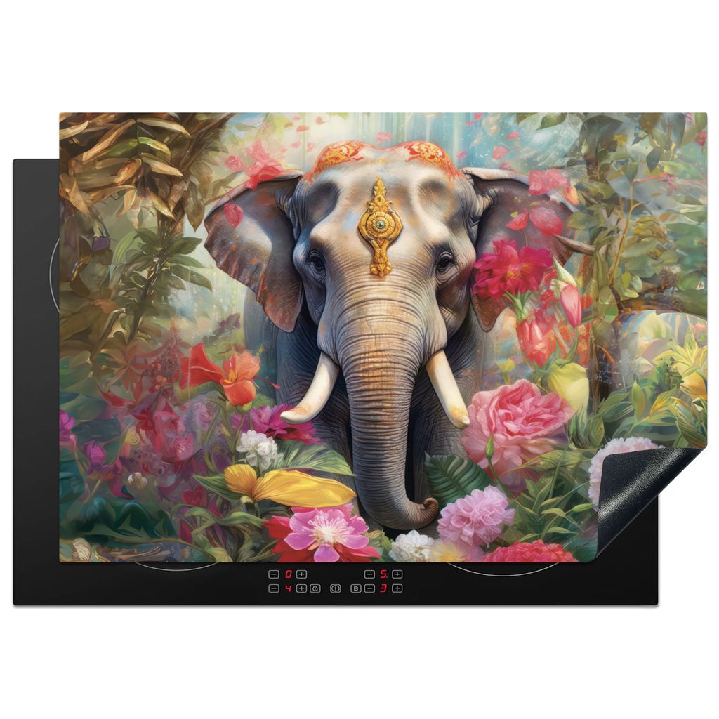 KitchenYeah Herdabdeckplatte Elefant - Blumen - Natur - Tiere , 75x52cm, Küche Deko, Glaskeramikkochfeld Herdabdeckung, Abdeckplatte fùr Kochfeld