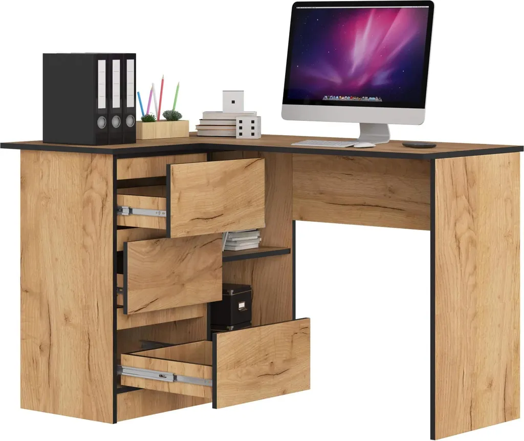 Bureau informatique d'angle 124 cm chêne craft avec rangements
