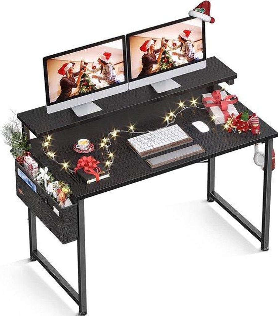 Arbeitsplatz-Tisch mit Monitor-Ständer, Höhenverstellbar, Computer-Tisch mit Aufbewahrungstasche, PC-Tisch mit Kopfhörerhalter, kleiner Bürotis...