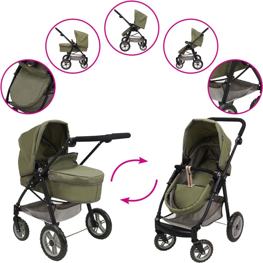 Puppenwagen 2in1 Khaki 64x41x68 cm für Puppen bis 53 cm mit verstellbarer Griffhöhe und Schwenkrädern