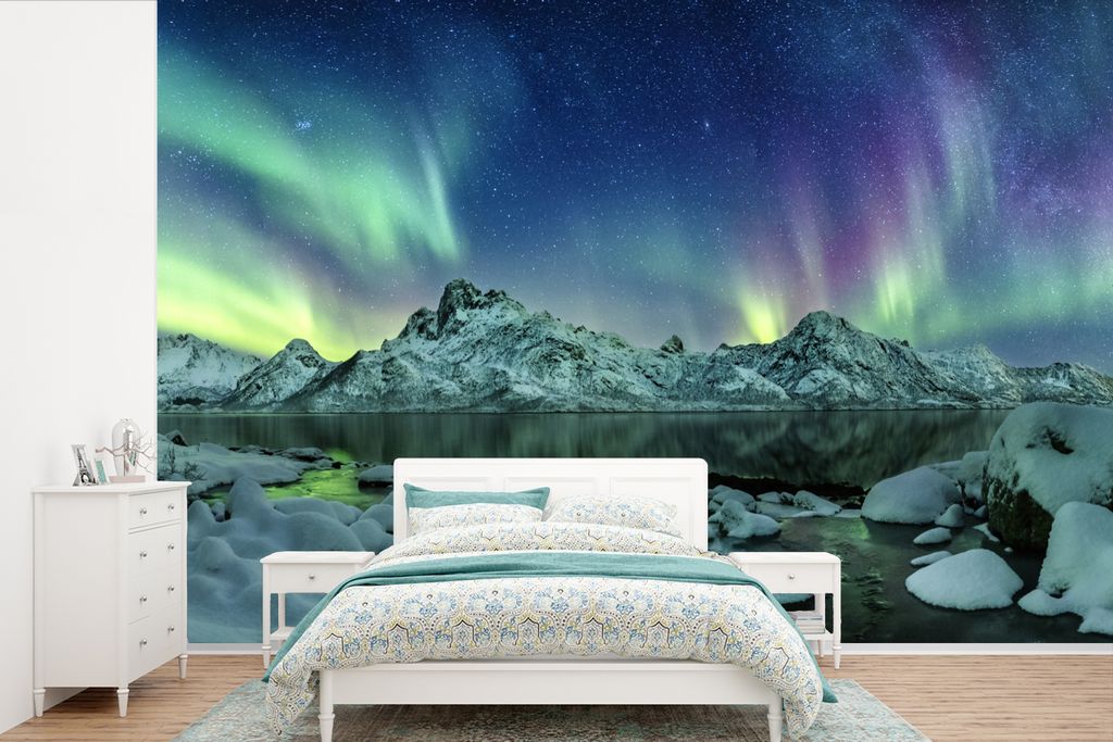 MuchoWow Fototapete für Wohnzimmer oder Schlafzimmer Wandtapete Vinyl Motivtapete Meer - Eis - Nordlicht - Winter - Natur - 600x400 cm - Vinylta...
