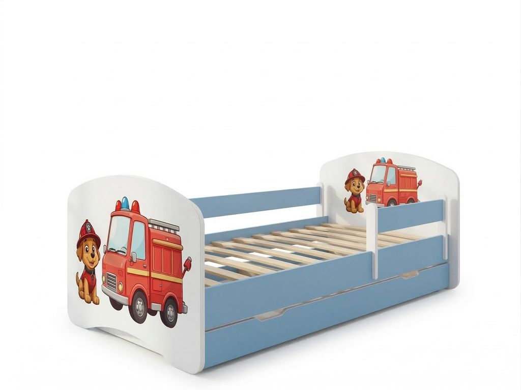 Blaues Kinderbett 140x70 komplett mit Rausfallschutz, Matratze und Bettschublade | Sicheres Kleinkinderbett mit Stauraum, Feuerwehrmann